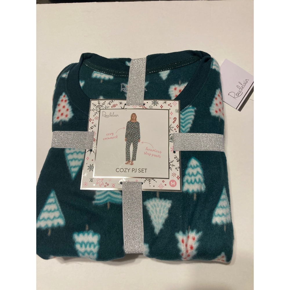 Roudelainβ Womens Cozy PJ Set Teal Green Holiday Tree Fleece Pajamas Medium NEW